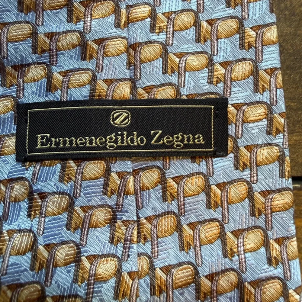 Ermenegildo Zegna Silk Tie OS Geometric Chair Pattern Blue Tan Italy Luxury